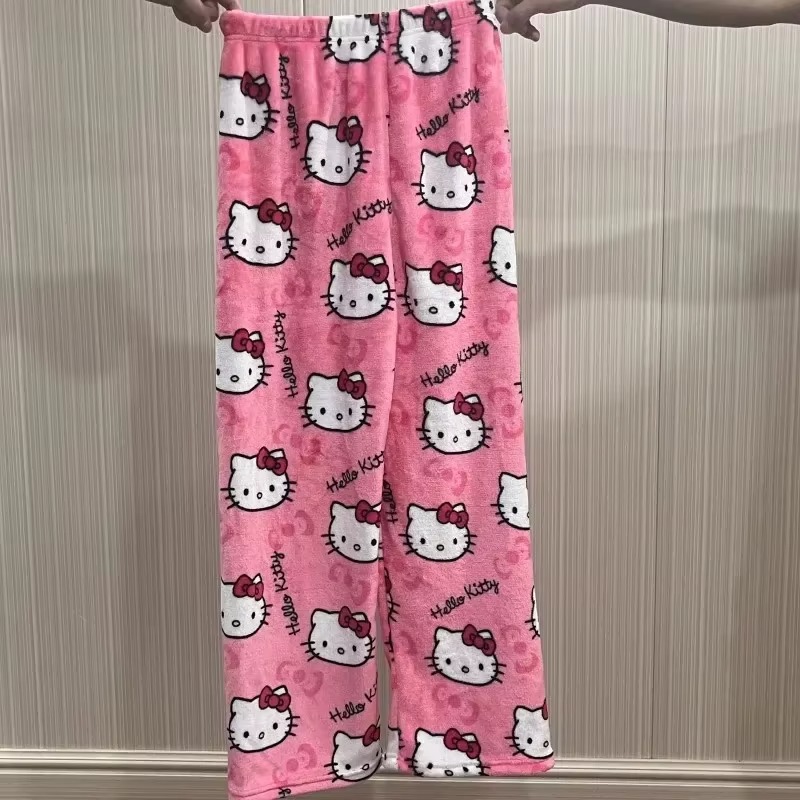 Pair of pink Hello Kitty flannel pajama pants. 4 Y2K Hello Kitty pajamas anime women's pajamas Cartoon Fashion Home Sleepwear Trousers Leisure Home Clothing Winter Trouser