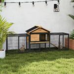 PawHut Rabbit Hutch Outdoor with Steel Run Removable Plastic Tray Natural