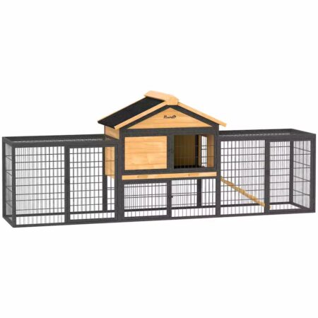PawHut Rabbit Hutch Outdoor with Steel Run Removable Plastic Tray Natural - Image 2