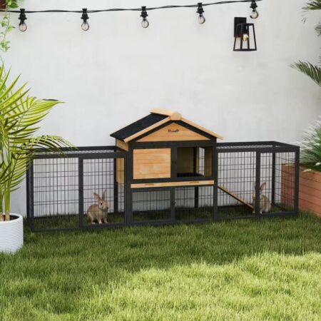 PawHut Rabbit Hutch Outdoor with Steel Run Removable Plastic Tray Natural