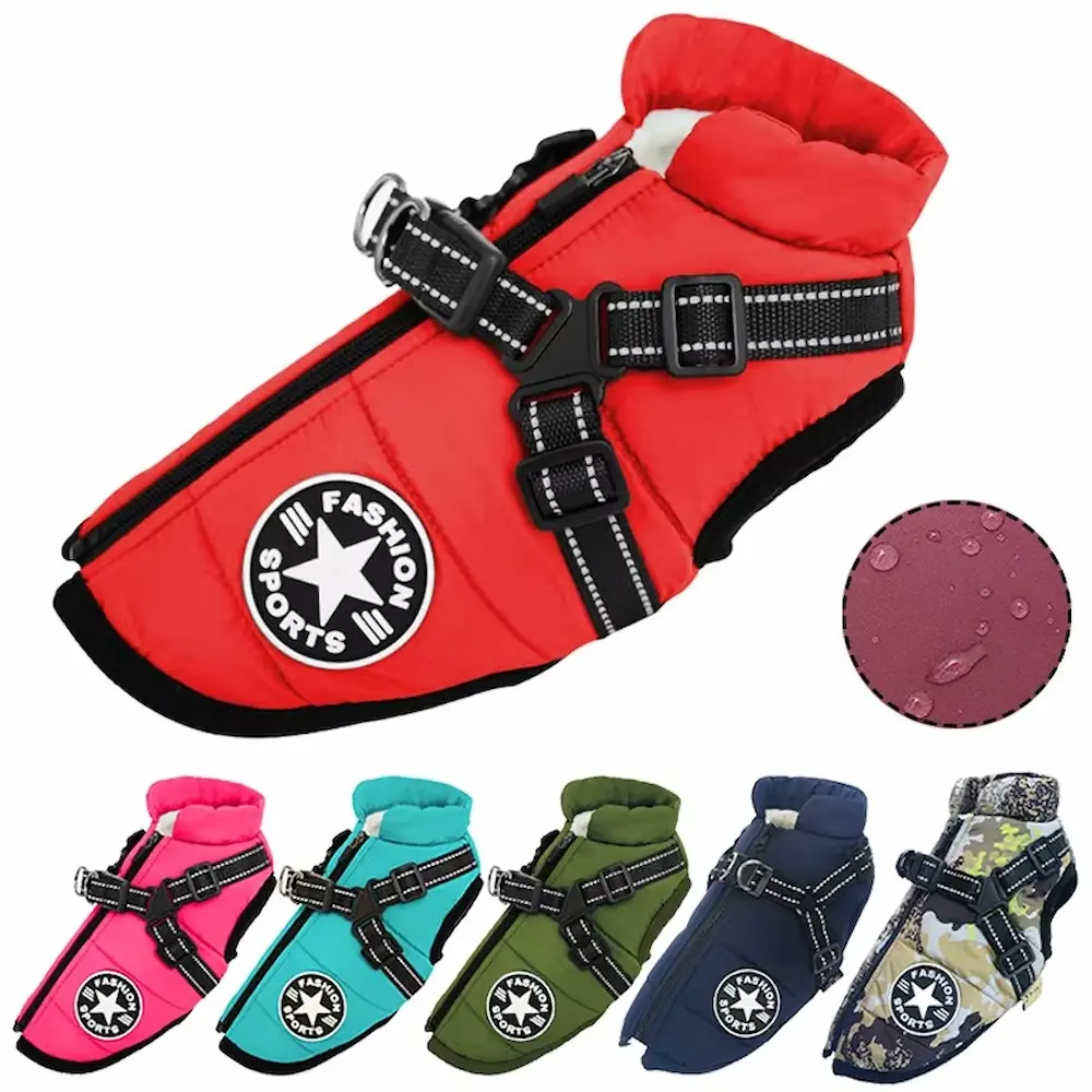 Waterproof Dog Jacket With Harness Winter Warm Dog Clothes