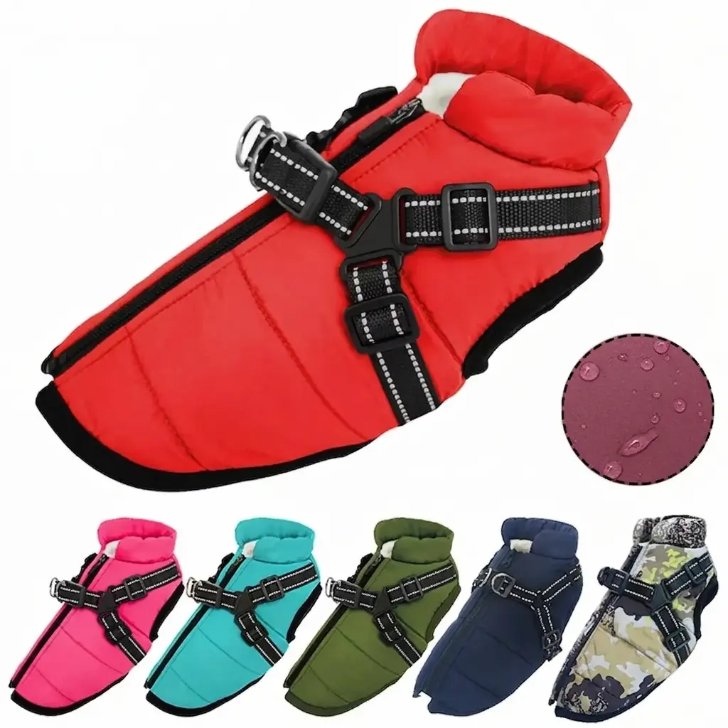 Waterproof Dog Jacket With Harness Winter Warm Dog Clothes
