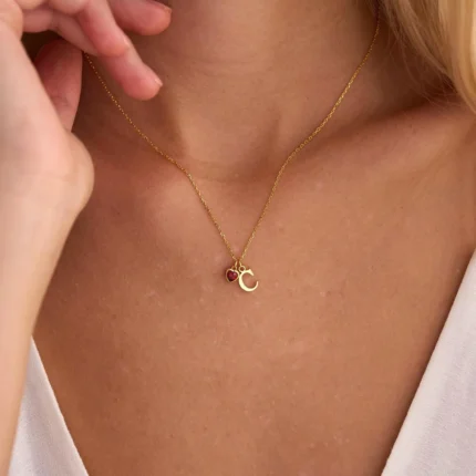 Personalised Initial Necklace with Heart Birthstone, Custom Letter Pendant Necklace, Dainty Birthstone Jewelry, Birthday Gift for Her