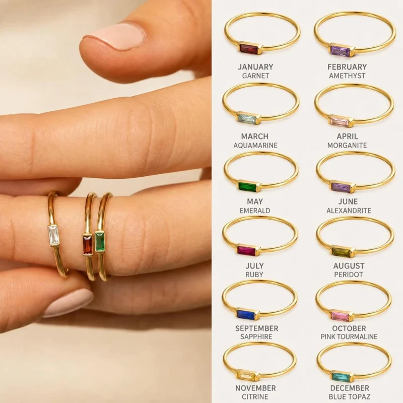 Personalized Baguette Birthstone Ring – 18K Gold Plated