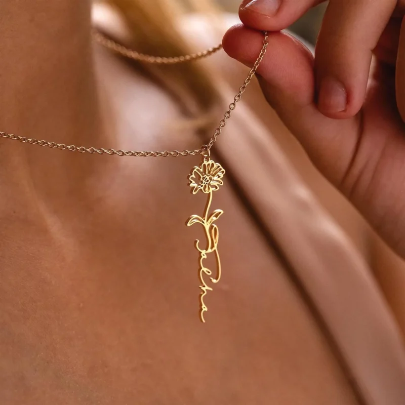 Personalized Name Necklace with Birth Flower – Custom Jewelry Gift for Mom & Bridesmaids